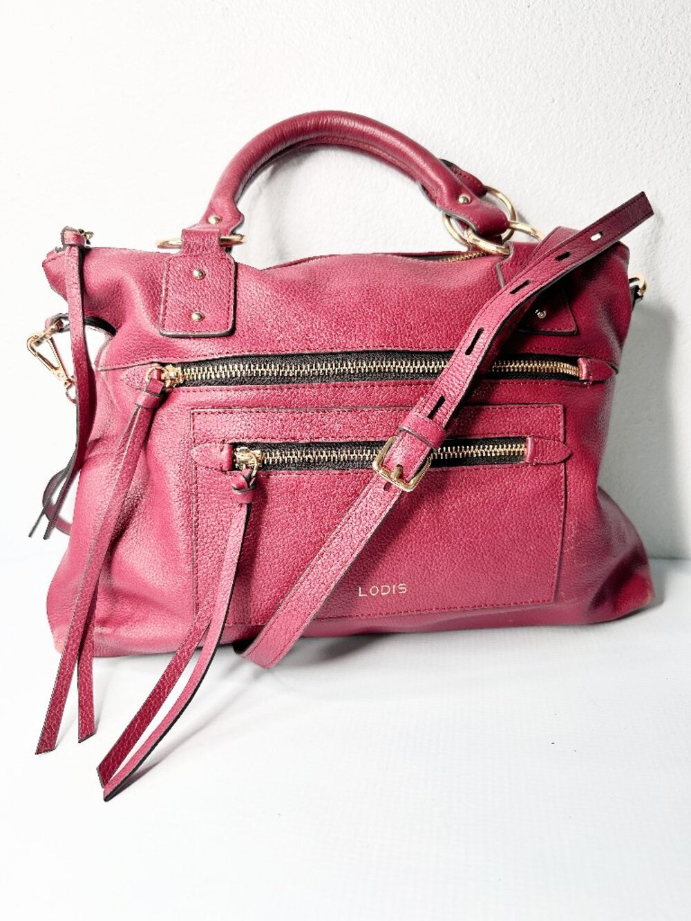 Lodis Bryant Satchel Pebbled Leather Handbag Wine Mulberry Gold Tone Purse